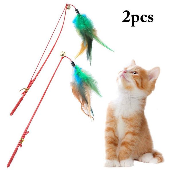 

cat toys 2pcs teaser stick interactive toy playing spring kitten wand feather training pet supplies