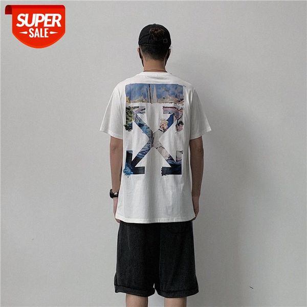 

ins monet oil painting direct injection watercolor arrow men and women couples cotton short-sleeved loose t-shirt white #8z1q, White;black
