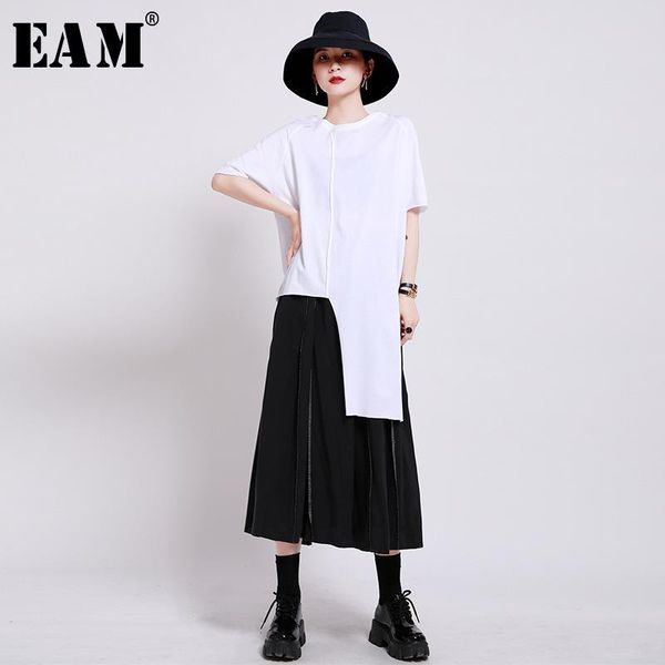 

women's t-shirt [eam] women white black irregular split joint long round neck half sleeve fashion tide spring summer 2021 1w597