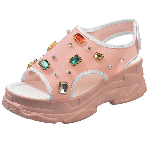 

sandals sagace women summer transparent color rhinestone platform comfortable open toe elastic band casual wedges shoes x1221, Black