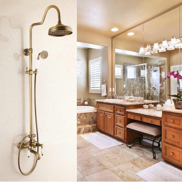 

style antique brass finish bathroom rainfall shower durable faucet set wall mount mixer tap hj-6117 sets