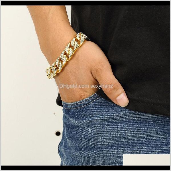 

link, jewelryfashion mens stainless steel cuban bracelet fl rhinestone design double safety clasps rock hip hop jewelry gold chain bracelets, Black