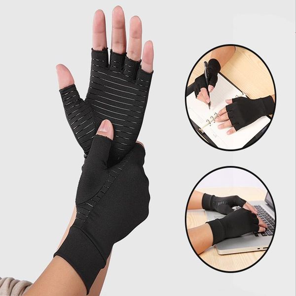 

pair compression arthritis gloves women men joint pain relief half finger brace therapy wrist support anti-slip, Black;red