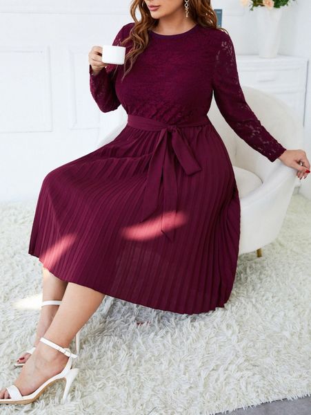 

plus contrast lace pleated hem belted dress b9n8#, Black