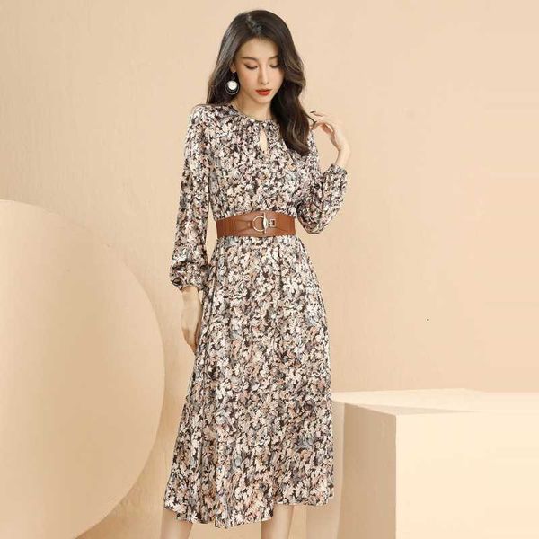

baizi temperament printed skirt women's 2021 autumn round neck floral waist lace up drs 91299, Black;gray