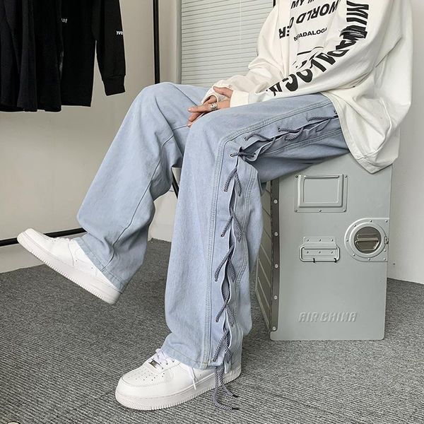 

men's jeans oversize design sense high street handsome drawstring casual pants fried straight wide-leg, Blue