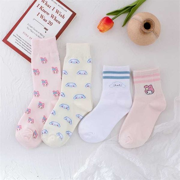 

japanese crew socks women's tube socks cotton cartoon kawaii pink casual fashion anime big ear dog cute cat socks korean 211204, Black;white