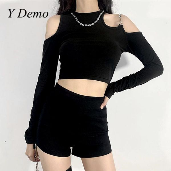 

women's t-shirt y demo techwear y2k long sleeve women black hollow out chains female slim summer crop 2021, White