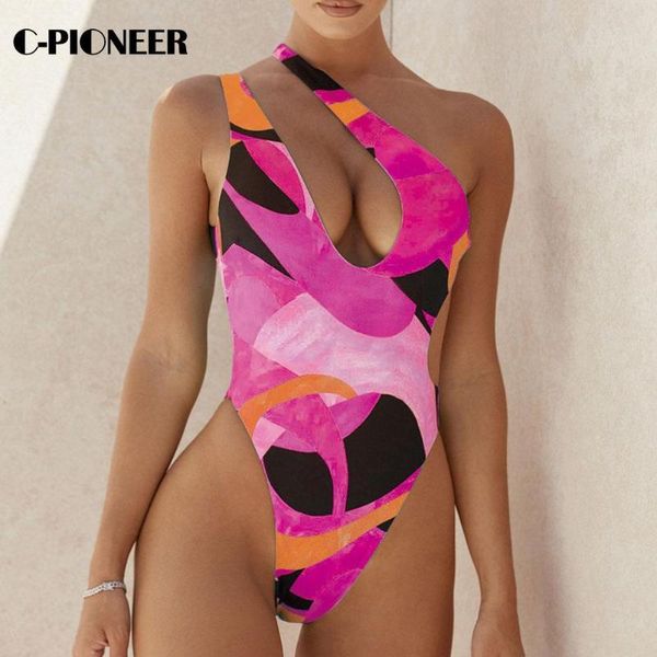 

two-piece suits one piece swimsuit swimwear women print shoulder bodysuit push up monokini bathing suit summer beachwear 2021