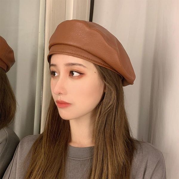 

beanies leather beret women hat faux french artist ladies solid color pu cap
