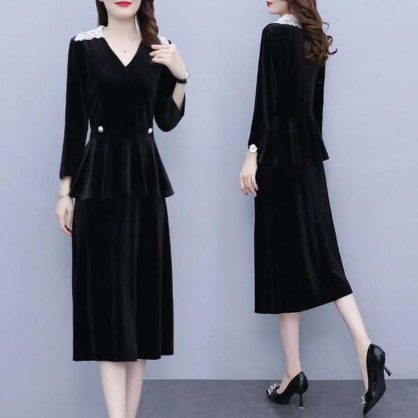 

casual dresses fashion velvet v-neck dress womens long sleeve peplum birthday party cocktail night office ladies work slim, Black;gray