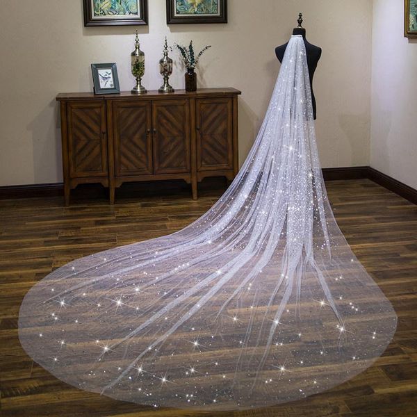 

bridal veils romantic 3 meters wedding veil gorgeous shallow ivory star wide silver sequins chapel with comb, Black