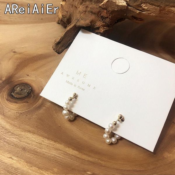 

stud fine elegant white geometric natural freshwater double side earrings women girl wedding bride party pearl chain jewelry, Golden;silver