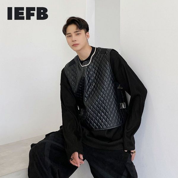 IEFB Design Niche Dark Personality Functional Style Herren Taktische PU-Lederweste Schwarz Rundkragen Seitliche Knopfoberteile 9Y536301 210524