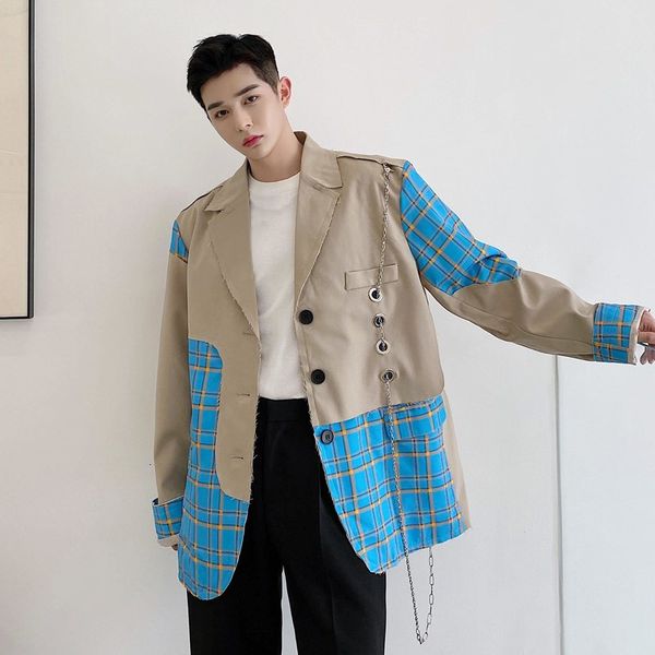 

men's suits & blazers men broken edge metal hole chain plaid splice casual coat male women streetwear vintage fashion hip hop jacket pp, White;black
