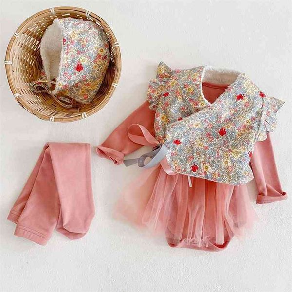

infant baby girls waistcoat + long sleeve rompers panty-hose clothing sets autumn winter kids girl suit clothes 210521, White
