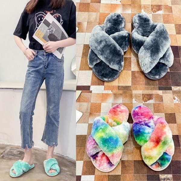 

slippers warm fluffy 2021 cozy faux fur cross indoor floor slides flat soft furry shoes celebrities flip flops for children, Black