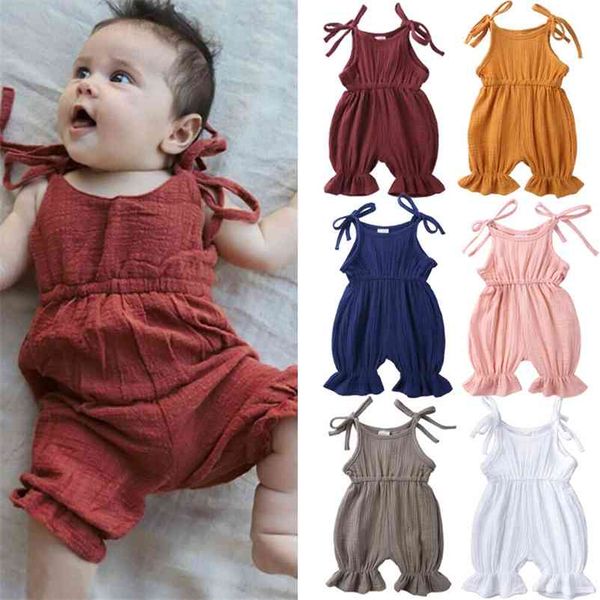 

baby jumpsuit summer cotton linen toddler infant children cute solid color sling romper for 0-24m 210515, Blue