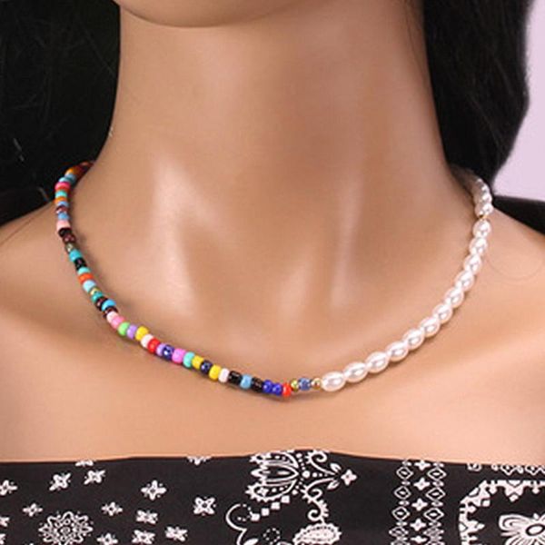 

chokers stonefans trendy colorful imitation pearl necklace for women bohemian clavicle choker vintage short beaded jewelry gift, Golden;silver