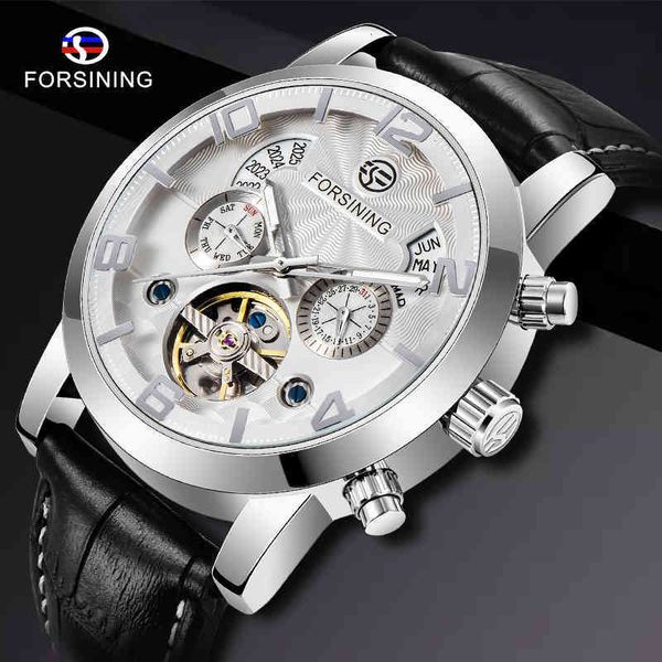 

case refining automatic sier steel black leather band white iron sheet date day year month display men casual mechanical clock, Slivery;brown