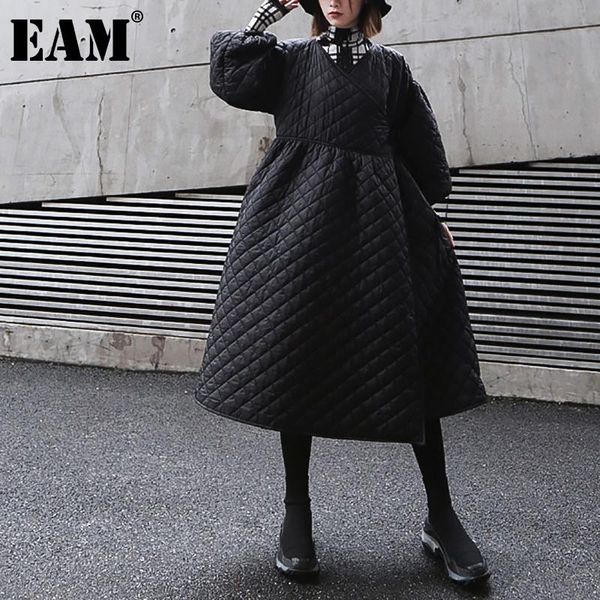 

[eam] black bandage warm cotton-padded coat long sleeve loose fit women parkas fashion tide autumn winter 2021 1dd0862 women's down &