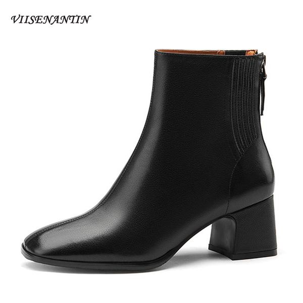

boots white short women's korean simple square toe thick-heeled bare back zipper leather high-heeled single, Black
