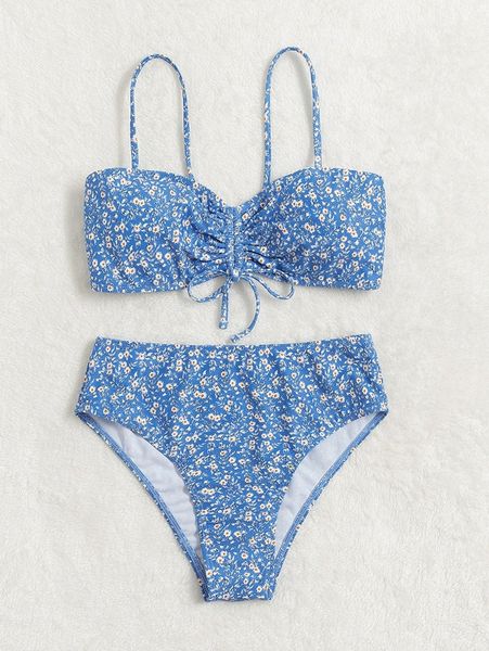 

ditsy floral drawstring high waisted bikini swimsuit p10m#, White;black