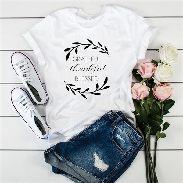 

thankful grateful blessed wreath printed womens t shirt tee clothes graphic, White