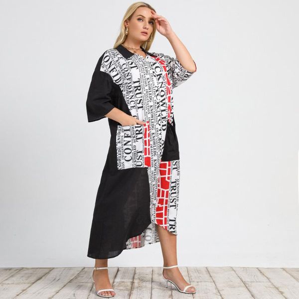 

plus size dresses casual women's o neck black long dress loose robes letter printed irregular vestidos african dashiki summer 4xl
