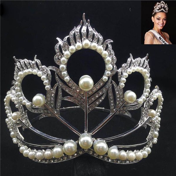 

2020 miss universe crown full round adjustable pearl peakcock feather tiara pageant re, Golden;silver