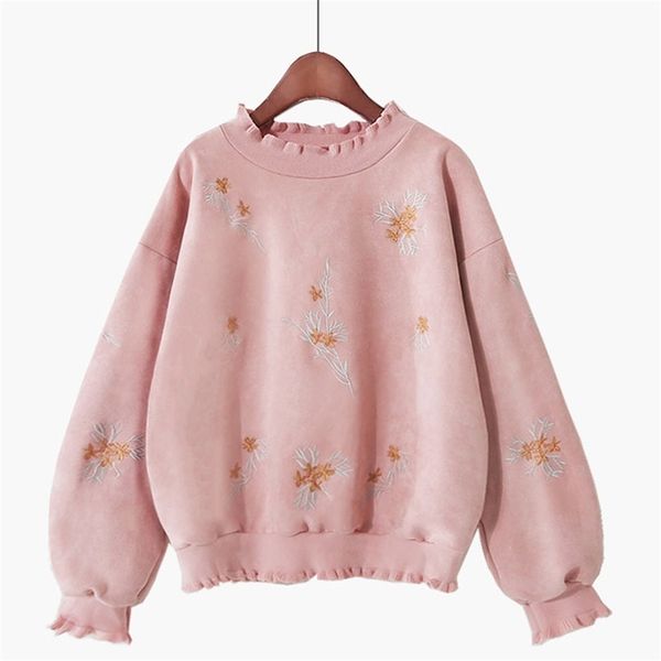 

autumn hoodies fungus ruffled long-sleeved sweet retro hedging embroidery solid color sweatershirt women gx1526 210506, Black