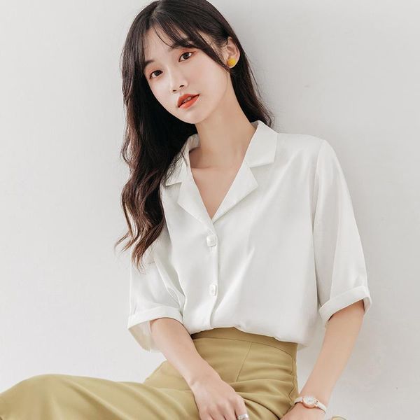 

women's blouses & shirts office ladies single-breasted lapel loose female women femme blusas mujer 2021 korean fashion, White