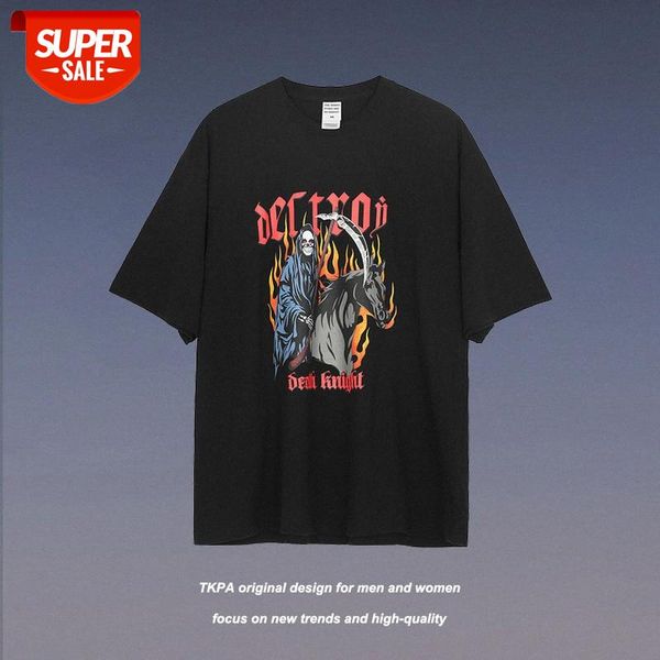

high street europe and the united states skull print hip-hop loose half-sleeved t-shirt drop shoulder short-sleeved men's women's, White;black