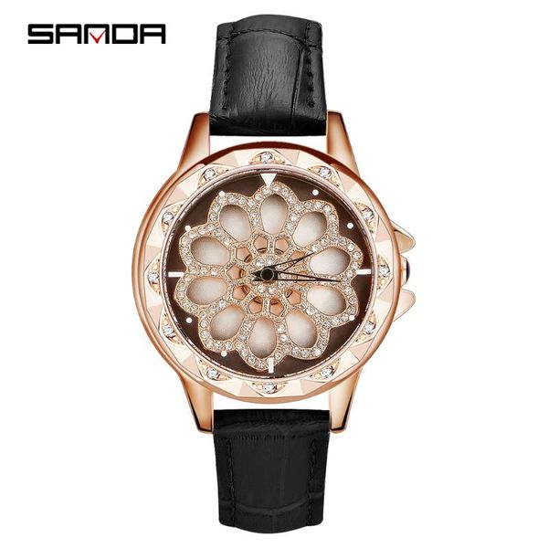 

wristwatches sanda 2021 sell beautiful flower rotating dial women watch waterproof leather strap quartz wristwatch gifts montre femme 233, Slivery;brown