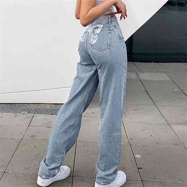 

high waist denim women's trousers spring fashion straight-leg pants street style all-match jeans 210924, Blue