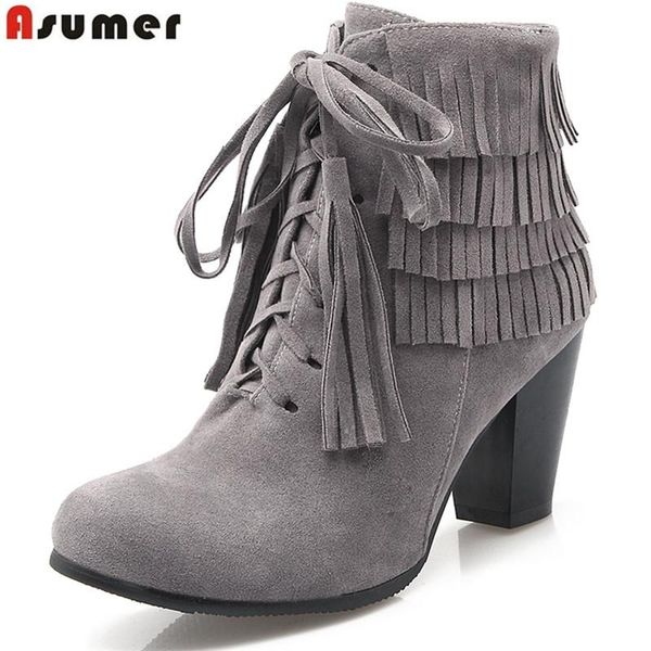 

boots asumer tassel fashion women lace up pu nubuck leather round toe square heels autumn spring the fair maiden ankle, Black