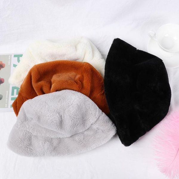 

wide brim hats girl fashion winter bucket hat faux fur soft thickened cap warm solid fishing outdoor vacation women apparel accessories, Blue;gray
