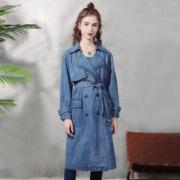 

women's trench coats 2021 autumn mid length denim windbreaker british long sleeve double breasted collar lace up versatile coat 9325, Tan;black