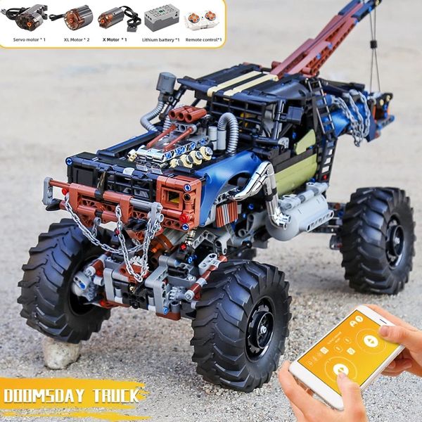 

motorized rebel tow truck building block doomsday drag trucks climbing car model mould king remote control app kids christmas gifts birthday