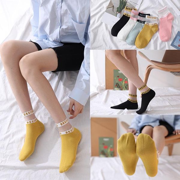 

socks & hosiery female summer cotton girls thin transparent korean style women harajuku cute kawaii letter ankle, Black;white
