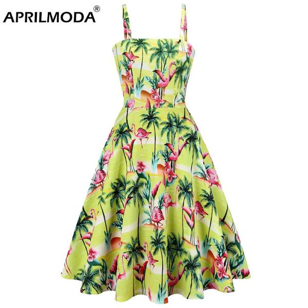 

casual dresses flamingo print women spaghetti strap retro dress summer pin up vestidos rockabilly vintage beach sling sexy, Black;gray