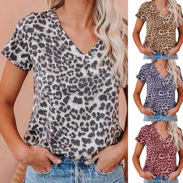 

women's t-shirt 2021 summer short-sleeved leopard printed v-neck casual women femme camisetas de mujer, White
