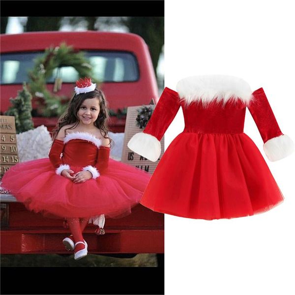

girl's dresses children girls sweet christmas dress, toddler baby soft off shoulder long sleeve fur trim tulle dress tutu gown, 1-7 yea, Red;yellow