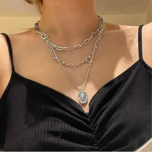 

chains vintage necklace multi-layered thick chain coin pendant clavicle, Silver