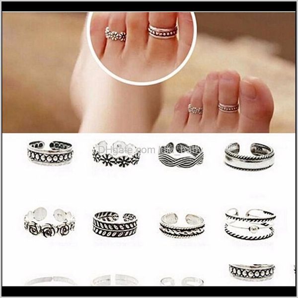 Zehenringe Ringe Körperschmuck Drop Lieferung 2021 Vintage Retro Antik Silber Strand Punk Elefant Mond Pfeil Set Ethnisch Geschnitzt Verstellbarer offener Zehenring Fi