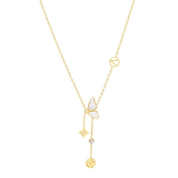 

pendant necklaces exquisite natural shell butterfly tassel charms necklace stainless steel chain zircon charm mother of pearl woman birthday, Silver