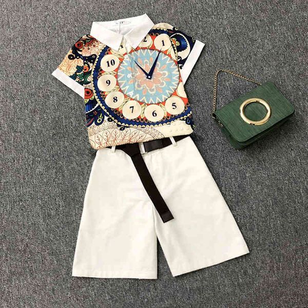 

elegant ladies summer two piece set female retro clock printted chiffon shirt with wide-leg shorts women's suit plus size 210525, White
