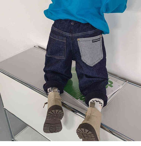 

2021 autumn and winter new all-in-one fleece boy jeans g1220, Blue