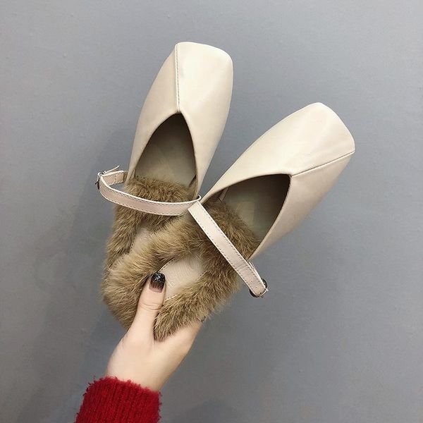 

slippers plush female 2021 autumn winter square head outdoor flat bottom set of foot baotou fashion women's shoes, Black