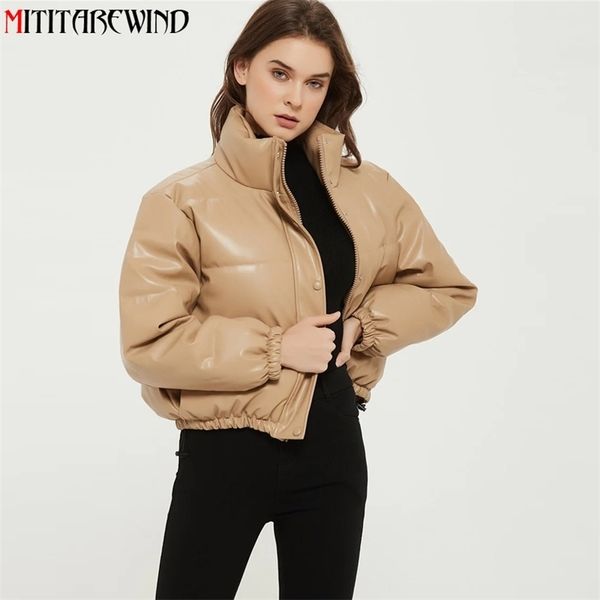 

winter parkas women jacket coat european fashion retro pu leather parkas jacket thick warm stand collar zipper casaco feminino 210930, Black
